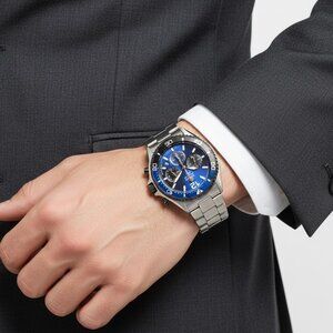 NWT Authentic Orient Sports Solar Powered Chronograph Blue Dial Batman Bezel Men
